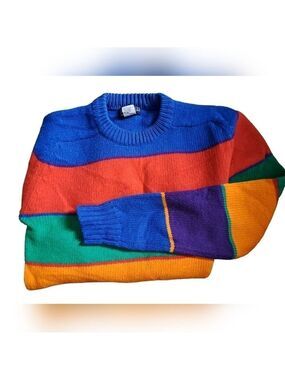 VTG Lands' End 100% Wool sweater colorblock bold stripe crewneck preppy mens